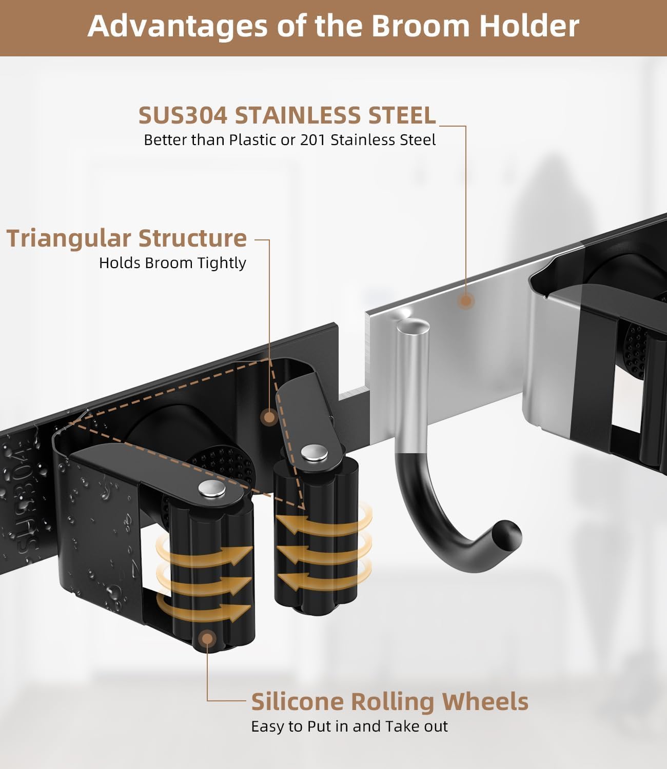 Broom Holder Over The Door 2Pack - 304 Stainless Steel Mop and Broom Hanger Wall Mounted or Hanging Over The Door with Hooks - Tool Organizer for Garage Closet Laundry Kitchen Decor