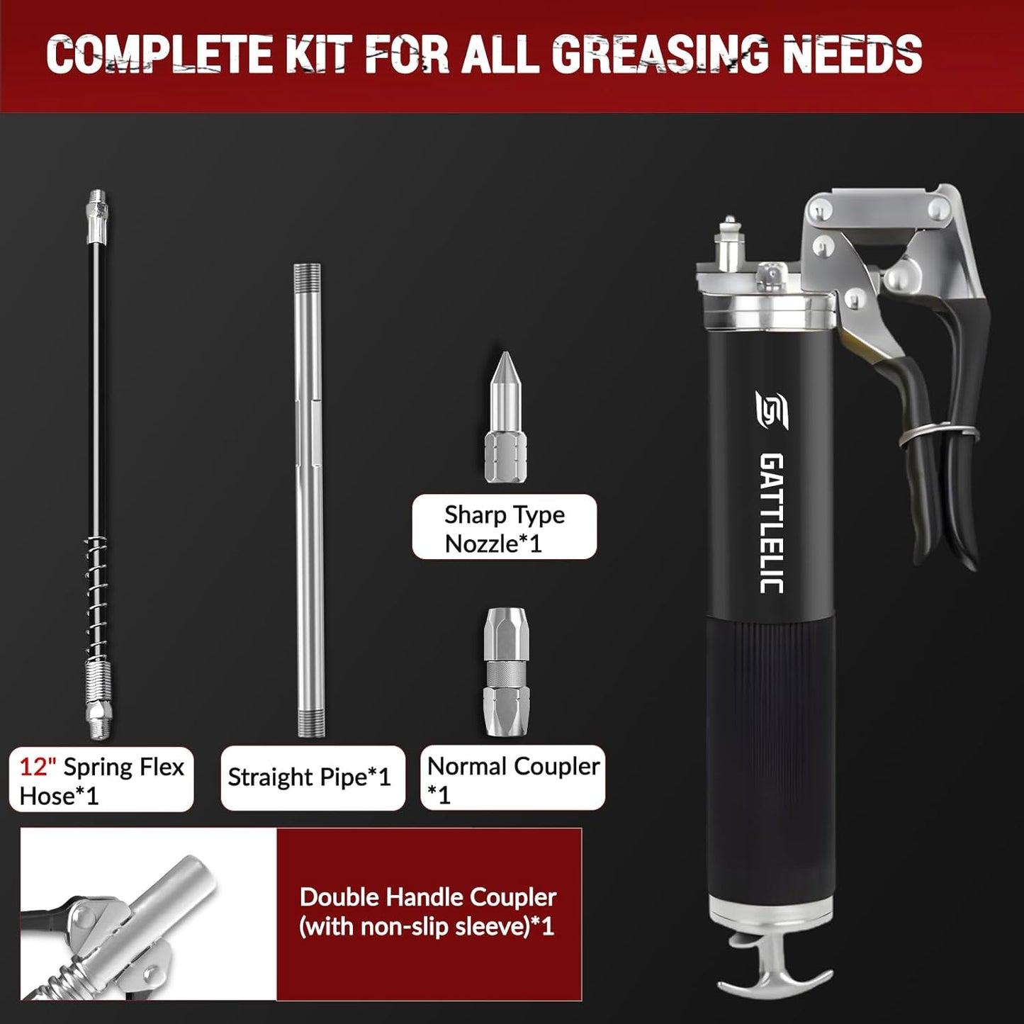 Grease Gun Kit, 8000 PSI Heavy Duty Grease Gun with Grease Coupler, 14oz Pistol Grip Grease Gun with 12 Inch Spring Flex Hose, Sharp Nozzle, Extension Rigid Pipe, Black