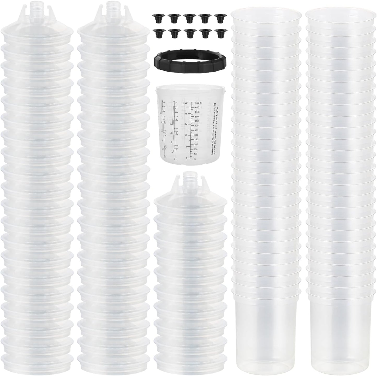 Disposable Paint Spary Gun Cups(650 ML/22 OZ), Spray Paint Cup Kit with 50 Cup Liners, 50 Lids, 10 Sealing Plugs, 1 Retainer Ring, 1 Hard Cup