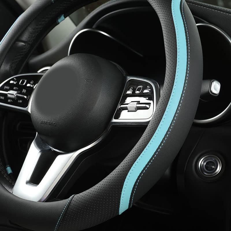 Car Steering Wheel Cover, Leather Steering Wheel Cover Blue Universal 14.5-15 Inch Microfiber Leather Anti-Slip Breathable Auto Steering Wheel Covers for Men Women (Black&Blue)