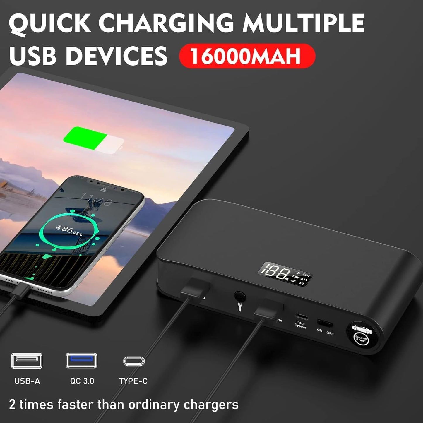 BOOKOO Car Battery Jump Starter, 3000 Amps Jumper Starter for Car 7.2 L Gas | 5.5 L Diesel Engine, Power Bank Battery Backup with USB QC 3.0 | PD 18W Fast Charging,3 Flashlight Modes for Emergency Use