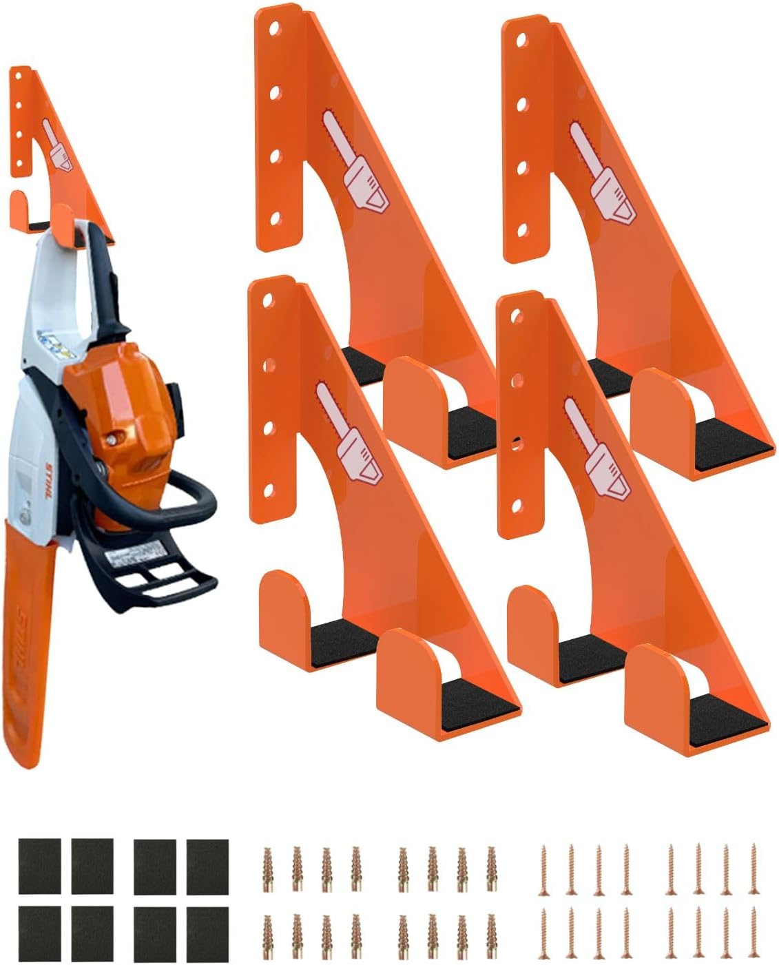 Chainsaw Holder -4 Pack- 180LB Heavy-Duty Alloy Steel Wall Mount Set, Chainsaw Accessories, Universal Fit for Stihl, Husqvarna, Echo Saws, Rust-Proof & Space-Saving Design (Garage, Workshop)