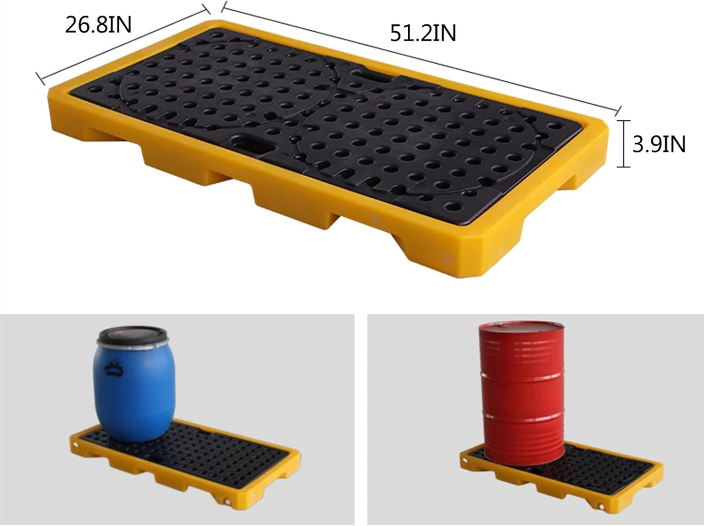 Drum Containment Spill Pallet, Industrial Nestable Oil Drums Leak-Proof Tray, Garage Storage Detachable Anti Slip Polyethylene Platform with Drain (Color : Yellow-2 Pack, Size : 51.2"x26.8"x