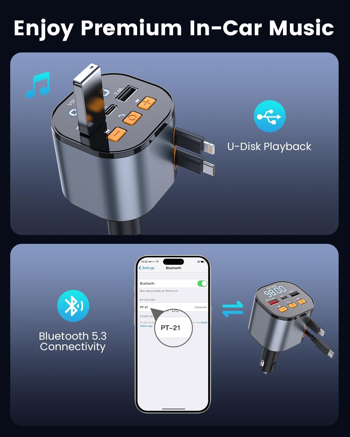 [2025 Upgraded] 81W Retractable PD Car Charger with Bluetooth 5.3, FM Transmitter, Hands-Free Calling, MP3 Player, USB & LED Display – USB-C Bluetooth Adapter for All Phones