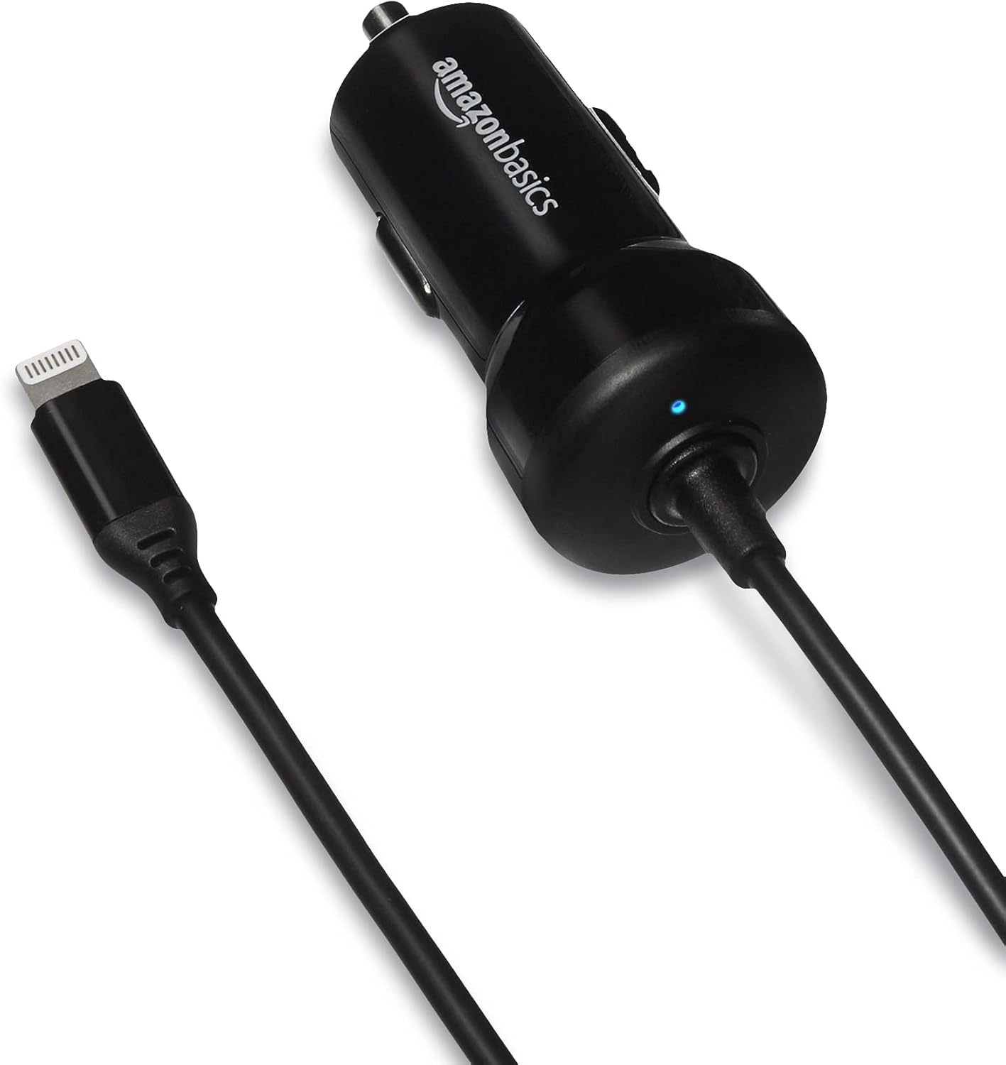Amazon Basics 12W (5V, 2.4A) Car Charger with Lightning Cable (Straight) for iPhone and Apple Devices, 3 ft - Black