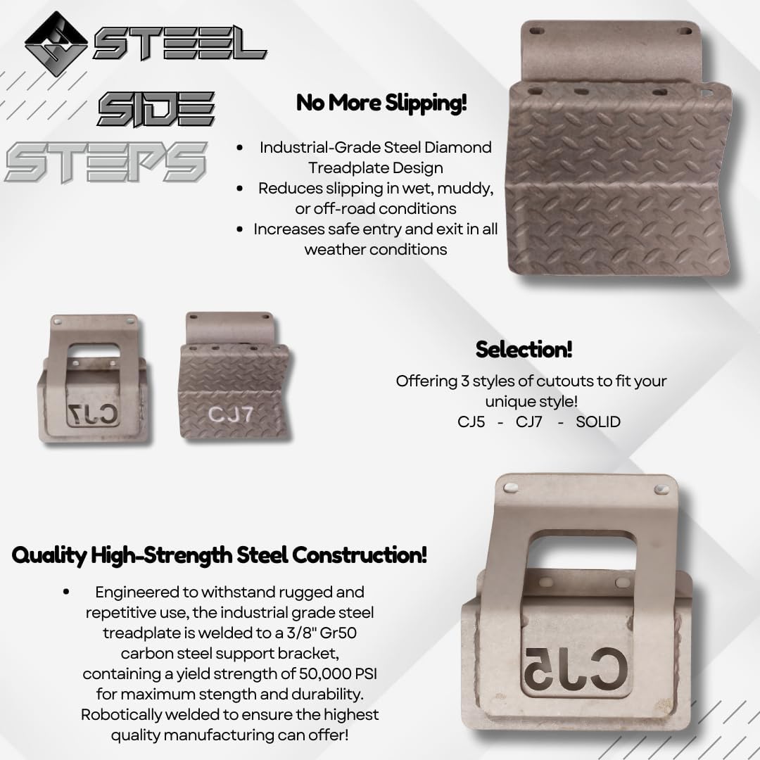CJ5 Side Steps Compatible with Jeep © CJ Vehicles (Pair) - Solid Steel Construction - Metal Diamond Treadplate Traction Design - Universal Fitment on Classic CJ-5 (CJ7) (CJ5-BLACK)