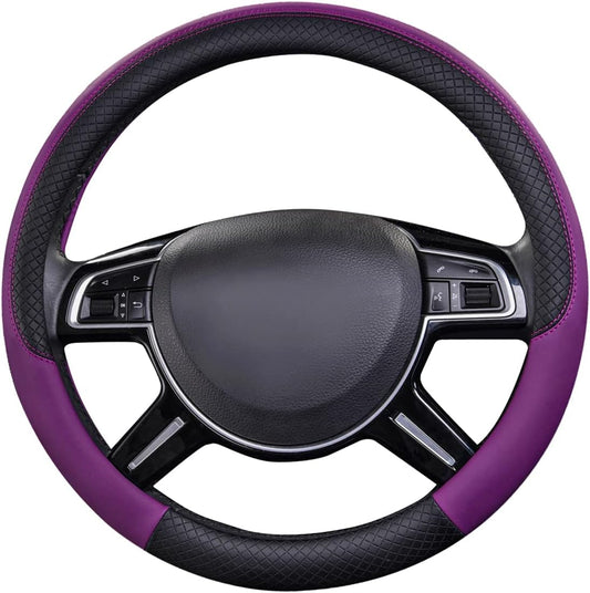CAR PASS Rhombus Leather Universal Steering Wheel Cover, Fit for Suvs,Trucks,Cars,Sedans,Vans (Black&Dark Purple)