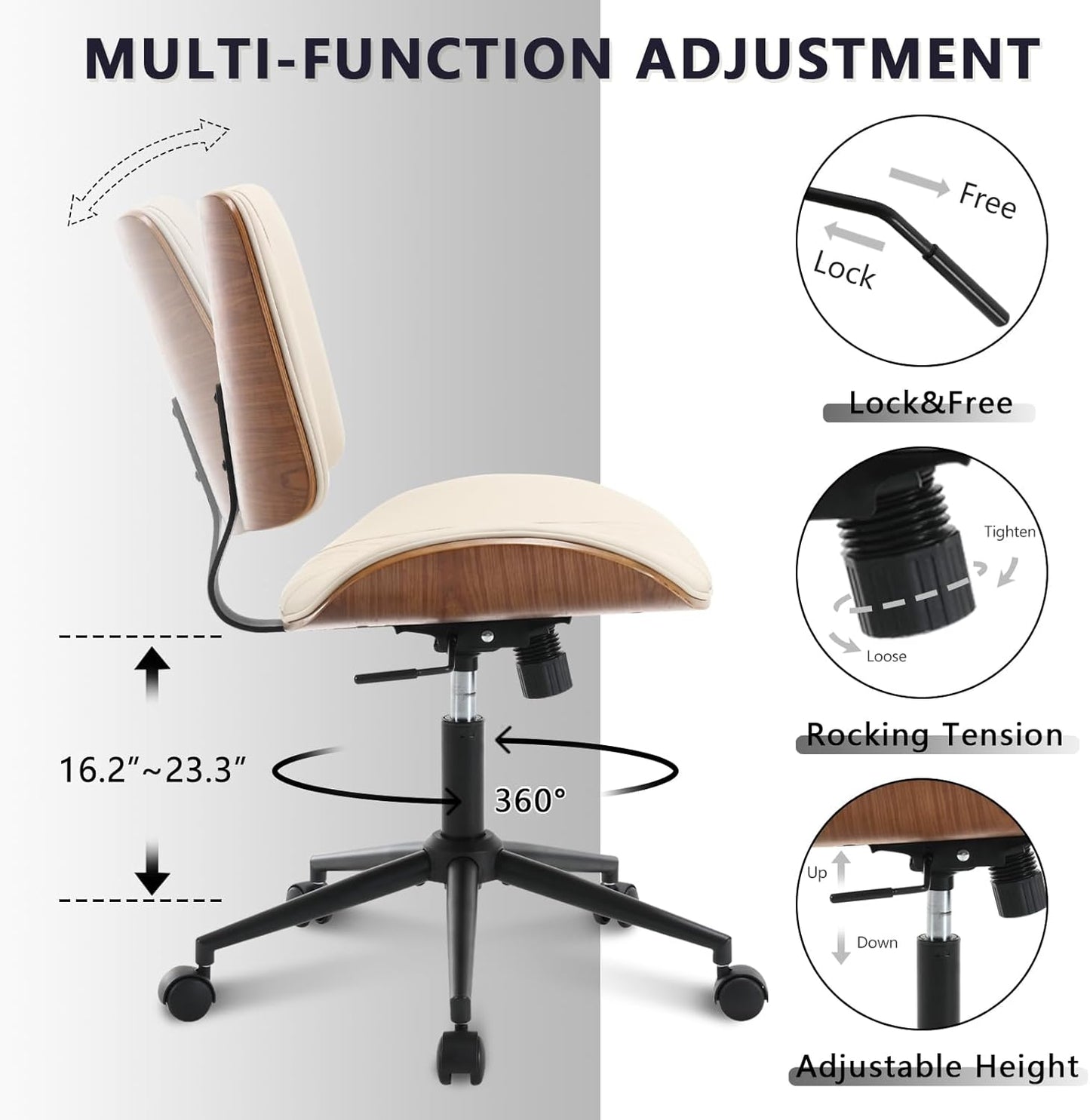 Home Office Chair No Arms with Wheels, Adjustable Height Small Desk Chair, PU Leather Mid Back 360 Swivel Computer Chair, Armless Modern Walnut Chair for Office, Reading Meeting Room(Beige)