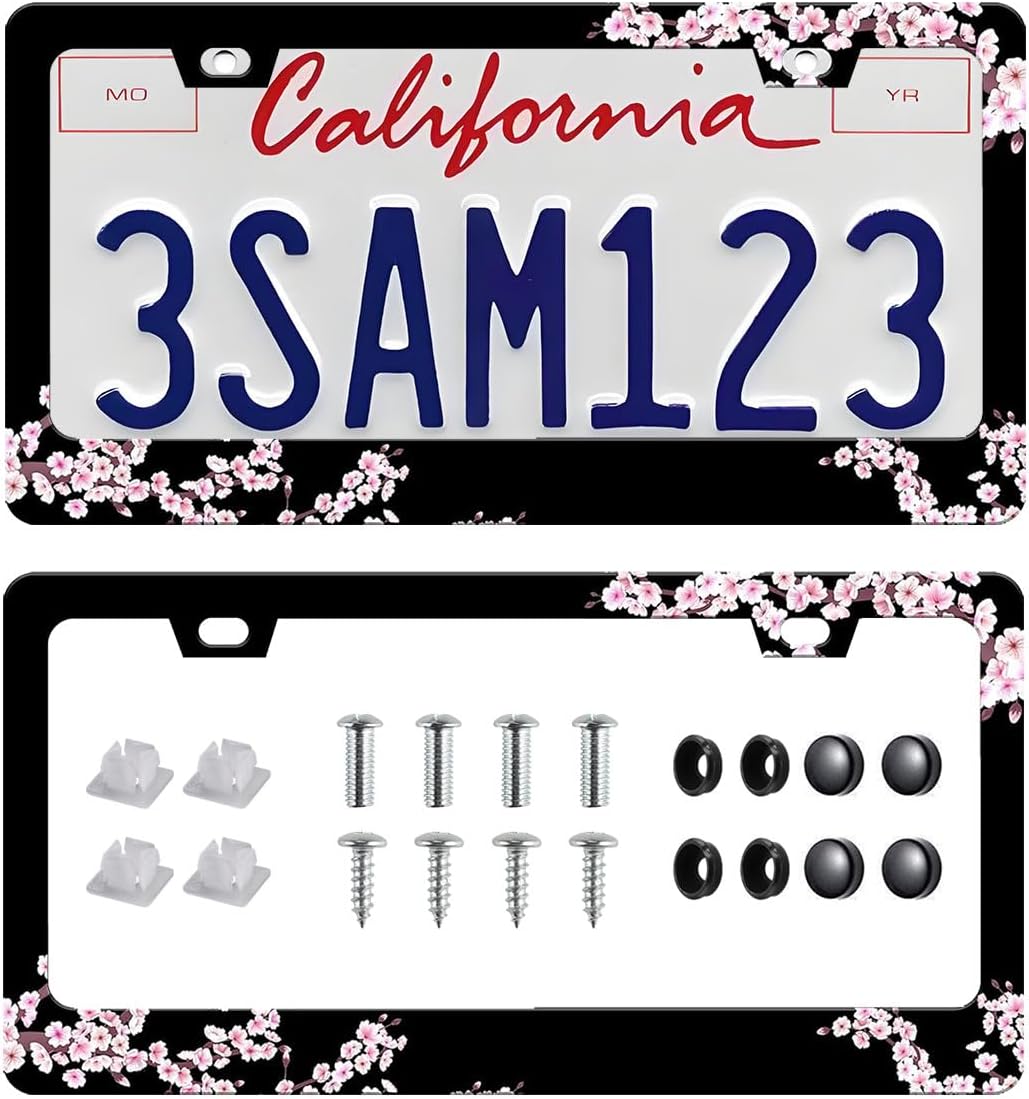 Cherry Blossom License Plate Frame-2 PCS Cherry Floral Flowers License Plate Holder Cover Car Universal Accessories Aluminum Car Tag Frames Fits Standard US Vehicles Size