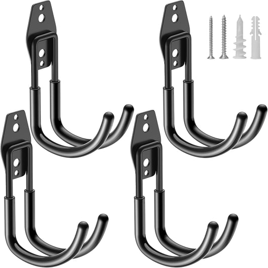 Heavy Duty Garage Hooks 4 Pack, J Shaped Hanger, Wall Mounted Storage System, Power and Garden Tool Organizer, for Hanging Ladders, Bikes Tires, Hose, Bulk Items