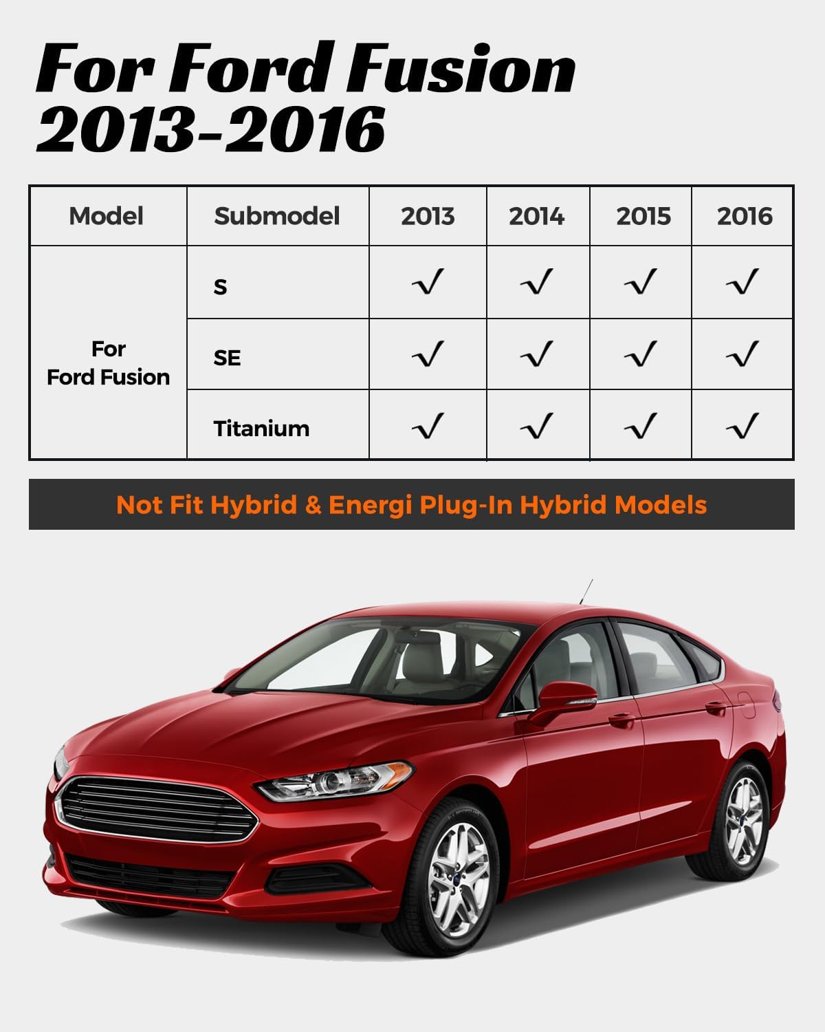 for 2016-2013 Ford Fusion Floor Mats Cargo Liner S SE Titanium Rubber Trunk Carpet All Season Weather Protection Waterproof Anti-Slip Tech Automotive 2015 2014 Car Accessories Black Not for Hybrid