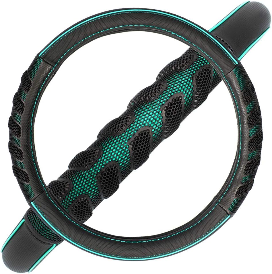 Flying Banner car Steering Wheel Cover Faux Leather Massage Universal fit 3D Honeycomb Hole Anti-Slip Sporty 15 Inches (Mint Green Black)