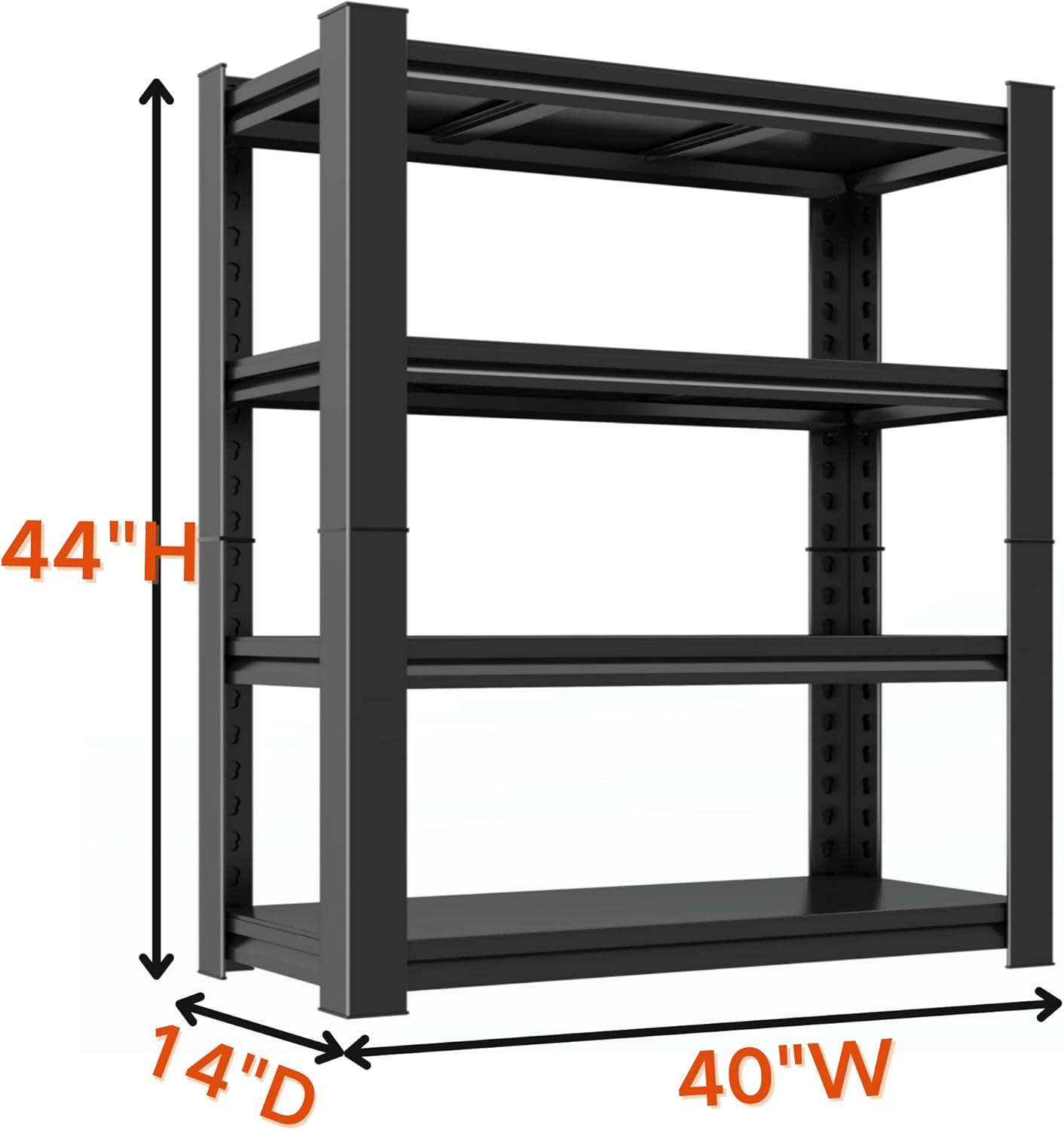 Garage Shelving, Adjustable Storage Shelf, Heavy Duty Storage Shelves, Sturdy Steel Storage Shelf for Garage and Workshop, 4-Tier 44" H x 40" W x 14" D, Black