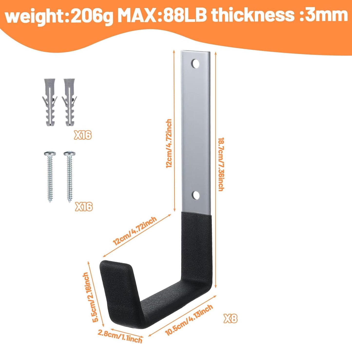 Heavy Duty Garage Hooks 8-Pack Wall Mount Storage Hooks for Bike, Ladder, Garden Hose, Chainsaw, Shovel, and Utility Tools - 55lbs Capacity, Black