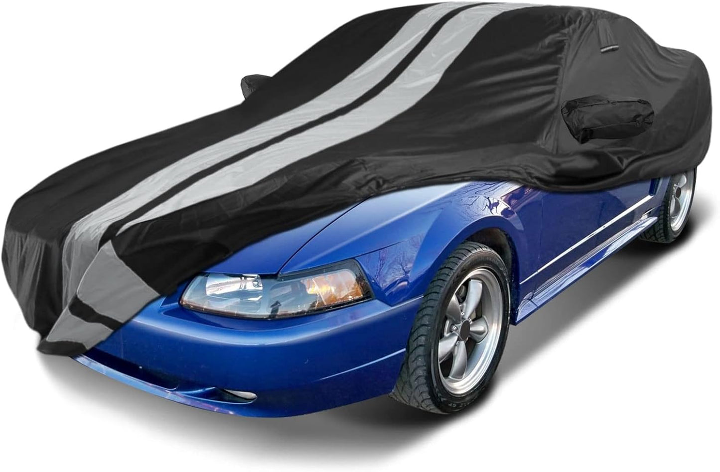 iCarCover Custom Car Cover Compatible with Mustang GT 1979-2004, Waterproof All Weather Rain Snow UV Sun Protector Full Exterior Indoor Outdoor Car Covers, Stripe (Black/Gray)