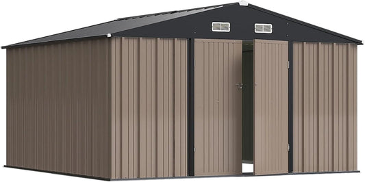 Greesum 10×10FT Outdoor Storage Shed, Metal Patio Storaged Sheds with Lockable Doors, Sheds & Outdoor Storage for Bike, Backyard, Pool and Garden, Brown
