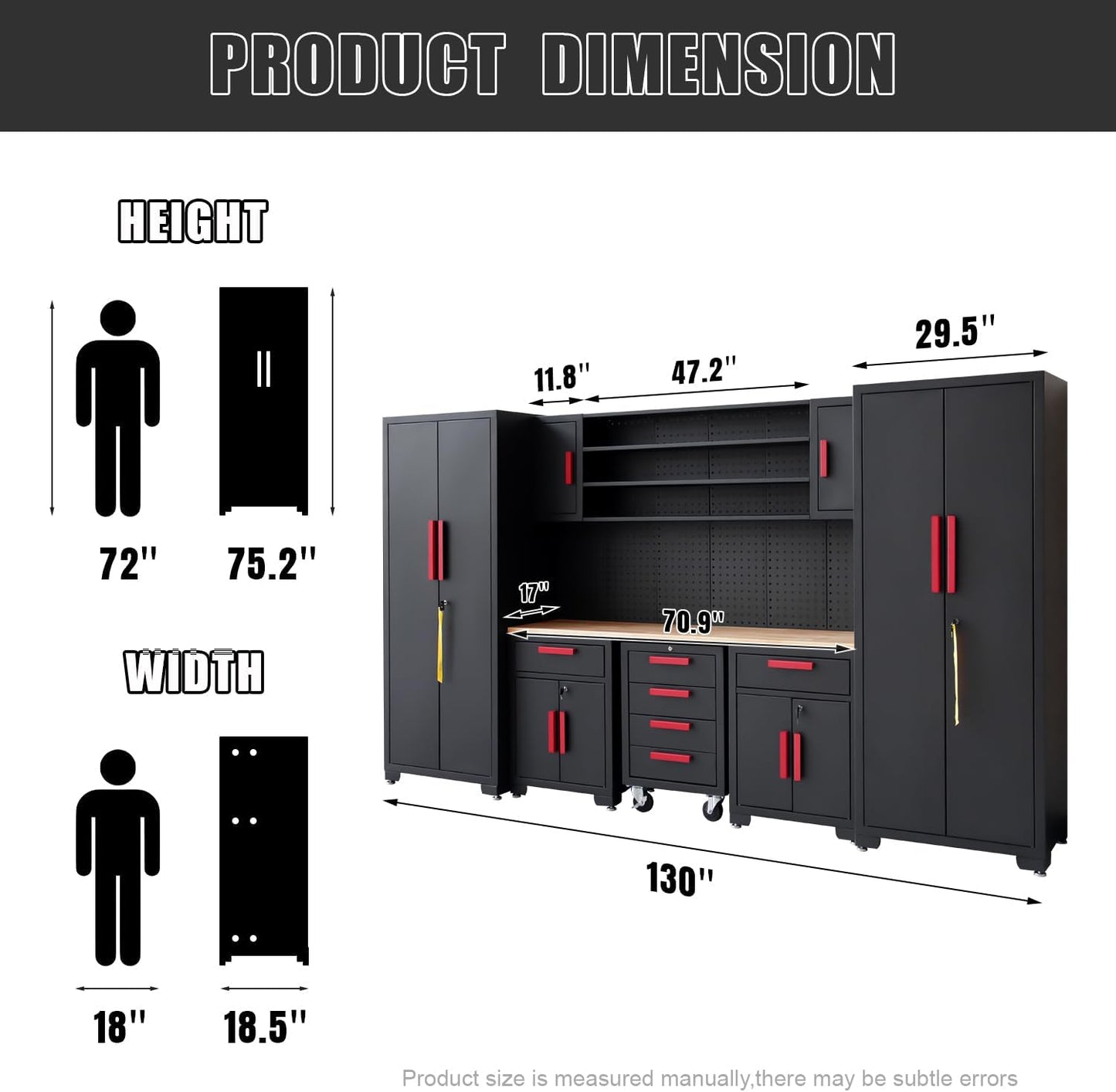 Garage Cabinet Storage System - 9-Piece Workshop Set w/Steel Cabinets & Workbench Includes Rolling Chest & Pegboard | Heavy-Duty Black & Red Tool Organization for Garage/Workshop