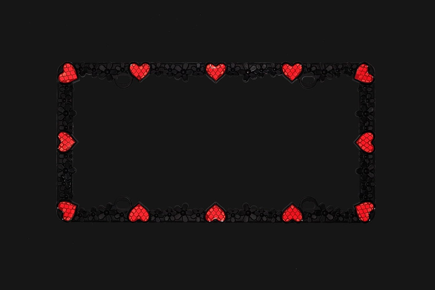 Creathome 3D Daisy Heart License Plate Frame from Pure Zinc Alloy Metal Perfect Plate Holder, Matt Black Daisy with Red Reflective Heart