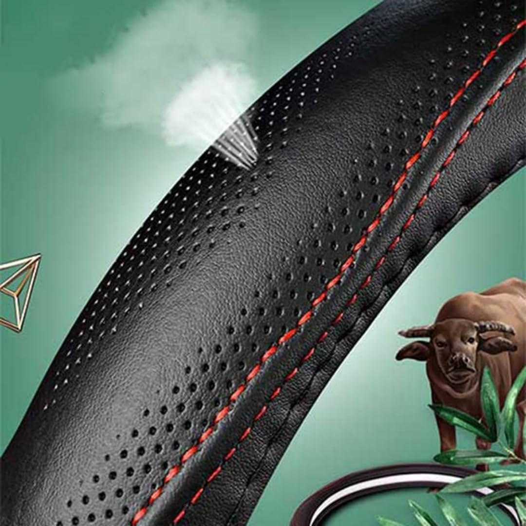 Cowhide Steering Wheel Cover Heat Resistant Anti-Slip Car Wheel Wrap Compatible with Most Makes and Models of Cars and Trucks with 14.5 to 15 Inch Steering Wheel