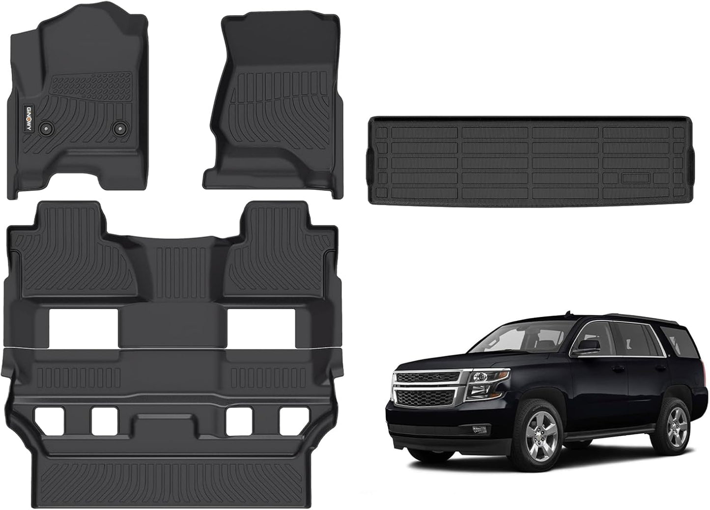 GINOWY- Floor Mats & Cargo Liner for Chevy Tahoe 2015-2020 & GMC Yukon (Only for Bucket Seat) TPE All Weather Protection Tahoe Car Mats, Non-Slip Trunk Mat Waterproof Accessories Floor Liners Black