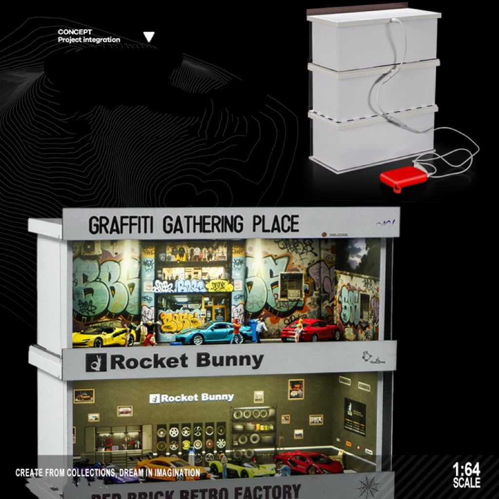 Display Case for Hot Wheels: Stackable Parking Garage for 1/64 Scale Matchbox Toy Car, FoamBoard Storage for Monster Trucks with LED Light and Acrylic Cover, 2025 Upgraded Red Bricks