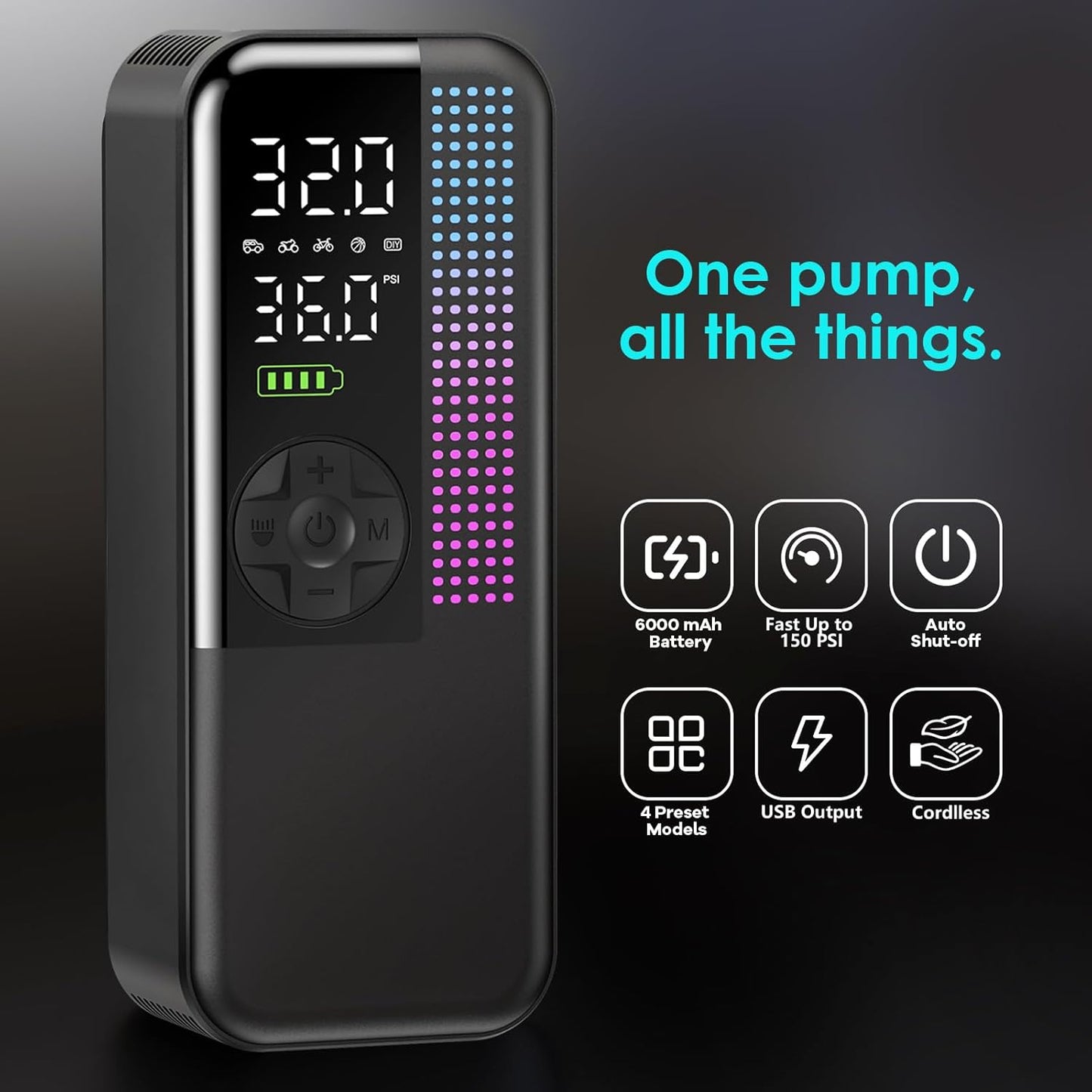 Tire Inflator Portable Air Compressor, 150 PSI Cordless Air Pump, Dual Power 6000mAh, 12V DC Car Plug, Fast Inflation 24L/Min, Auto Shut-Off, LED Light, 4 Preset Modes for Car, Bike, Motorcycle, Balls