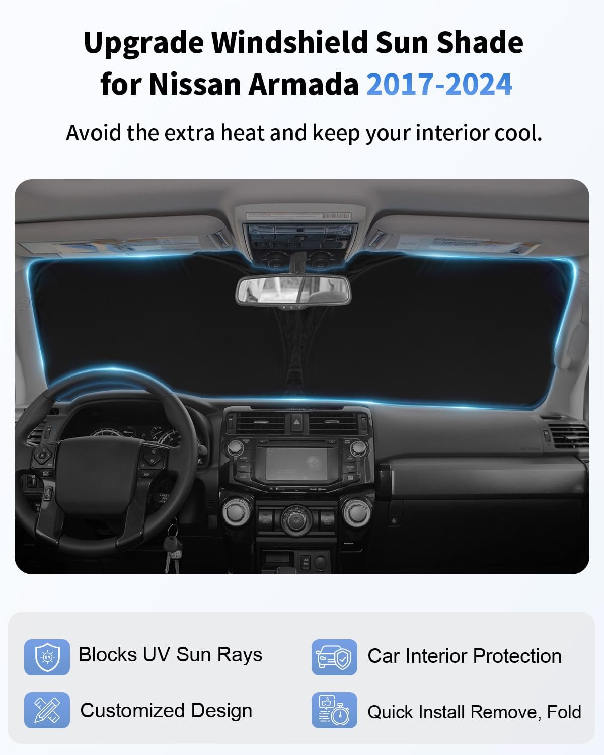 for Armada Windshield Sun Shade Custom Fit for 2017-2024 2025 Nissan Armada Accessories Sunshade 2-Layer Front Window Sun Visor Shield Protector Foldable Blocks UV Rays