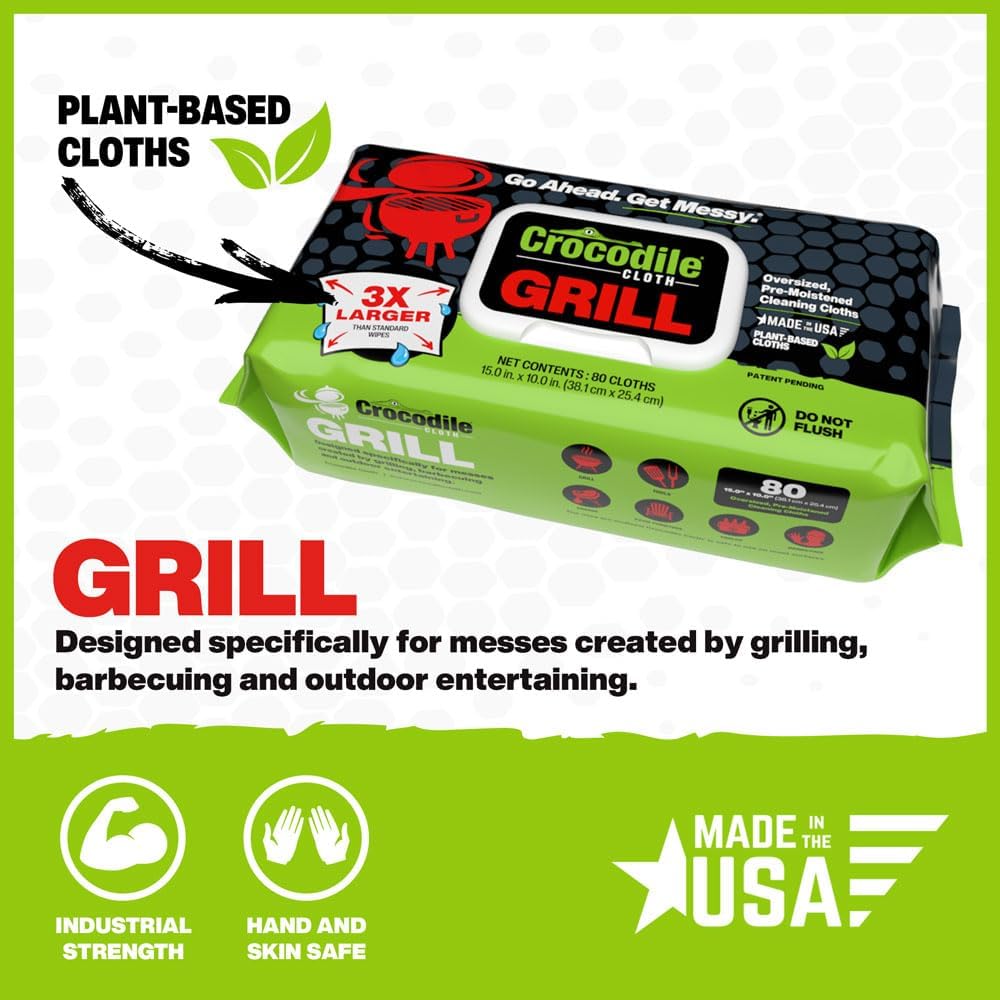Crocodile Cloth Grill - 8 pack. 640 (15" x 10") Plant-based Cleaning Wipes. Safe on Skin & Multiple Surfaces. Infused with Aloe & Vitamin E. Large, Pre-Moistened & Absorbent.