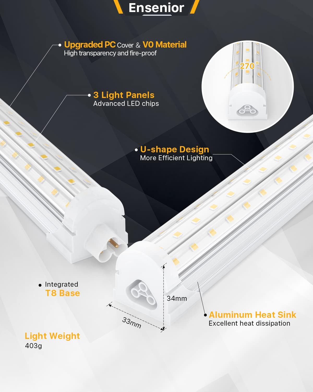 Ensenior 10 Pack 4 FT Led Shop Lights, 6000K Clear White, 5000LM Super Bright, 36W Equivalency 468W, Commercial Bay Lighting, U-Shaped Linkable Shop Lights Plug in for Garage, Workshop, FCC Certified