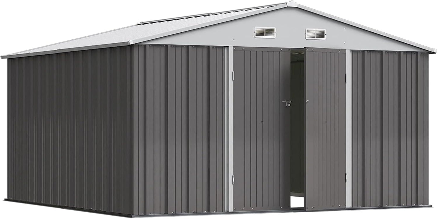 Greesum 10×10FT Outdoor Storage Shed, Metal Patio Storaged Sheds with Lockable Doors, Sheds & Outdoor Storage for Bike, Backyard, Pool and Garden, Gray