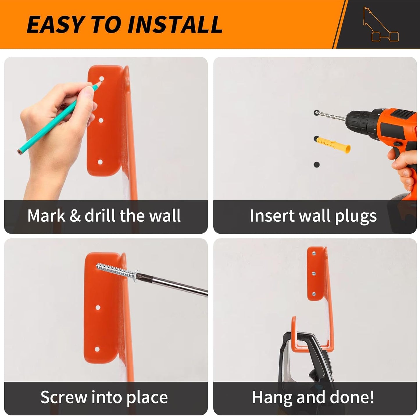 Chainsaw Holder Wall Mount, 2 Pack Heavy Duty Chainsaw Hanger with Rubber Coating, Chainsaw Wall Mount Rack, Chainsaw Organize Rack for Shed, Garage and Storage, Orange