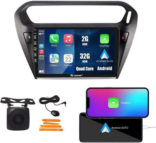 Kunfine Car CarPlay Android Auto Navigation Stereo GPS Radio Reverse Camera Display 9" IPS Touchscreen Headunit Tablet Pad Media Player For Peugeot 301 13-22 if Applicable Quad Core 2G+32G Matte Black