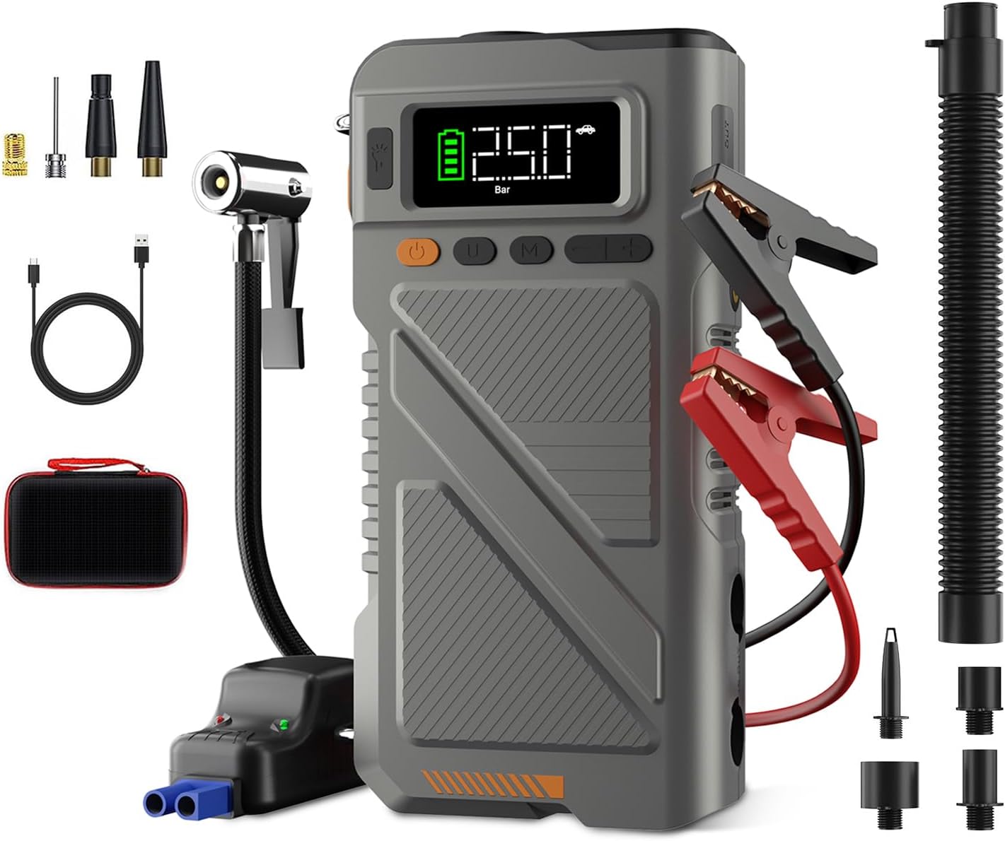 Car Jump Starter with Air Compressor 9000A, 9 in 1 Jumper Box for Car Portable 12V Jump Pack(All Gas/16L Diesel) Combo 150 PSI Tire Inflator & Air Inflator/Deflator Pump w/Extended Jump Cable