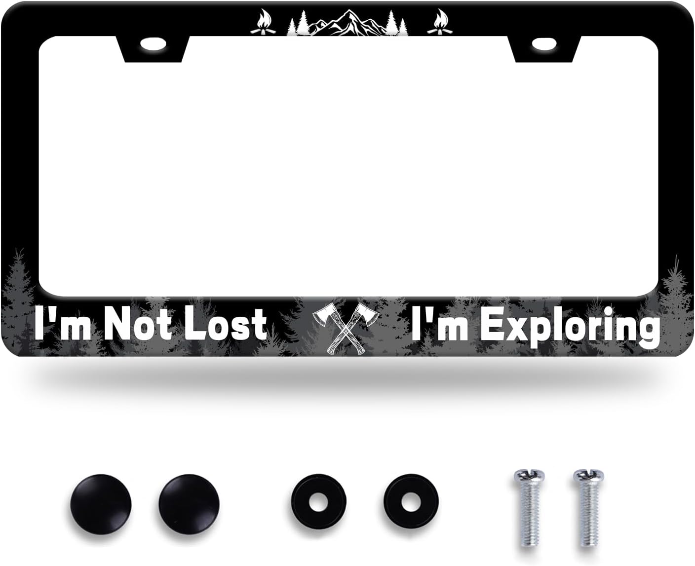 Funny License Plate Frame I'm Not Lost I'm Exploring License Plate Stainless Steel Mountain License Plate Holder Black Car Accessories Decoration With 2 Screws Fits Standard Vehicles Size 12.3" x 6.3"