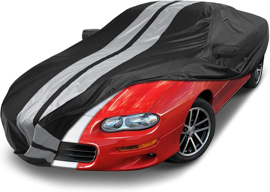 iCarCover Custom Car Cover Compatible with Camaro 1993-2002, Waterproof All Weather Rain Snow UV Sun Protector Full Exterior Indoor Outdoor Car Covers, Stripe (Black/Gray)