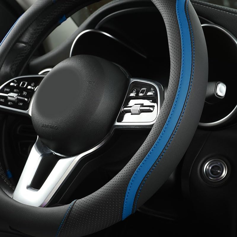 Car Steering Wheel Cover, Leather Steering Wheel Cover Blue Universal 14.5-15 Inch Microfiber Leather Anti-Slip Breathable Auto Steering Wheel Covers for Men Women (Black&Blue-2)