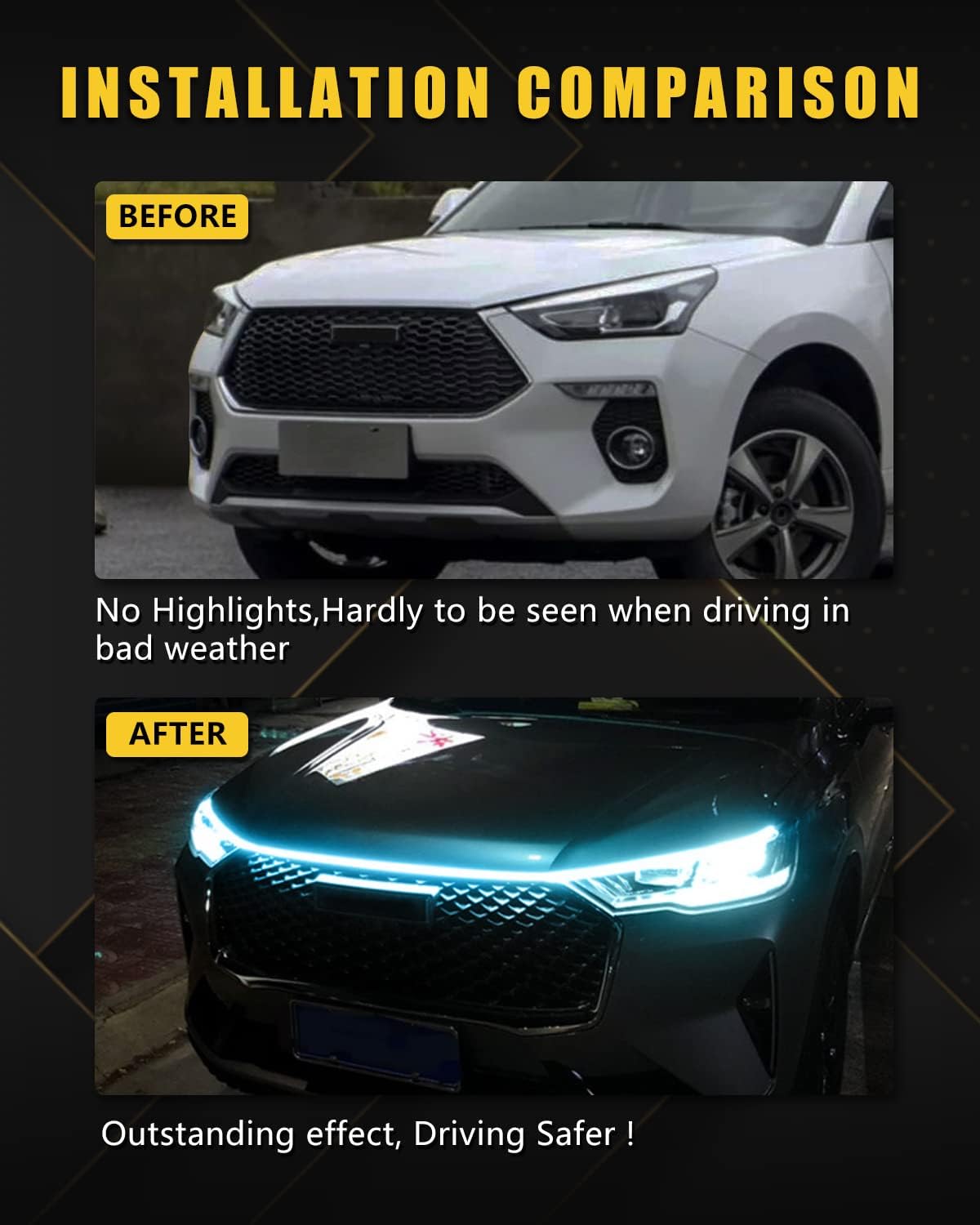 YM E-Bright Led Hood Light Strip Exterior Car Led Strip Light Waterproof Flexible DRL Dynamic Scan Start Up Hoodbeam Kit Daytime Running Lights for Car,Truck,SUV,12V 59inch,Ice Blue,1 Set