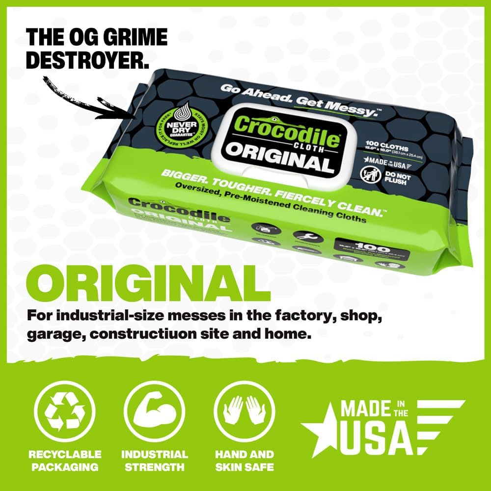 Crocodile Cloth Original Cleaning Wipes – 50 (15” x 10”) Hand & Tool Industrial Cleaning Wipes – Large Multi-Surface Cleaning Cloths, Water-Based Solution with Extreme Cleaning Power — Safe on Skin