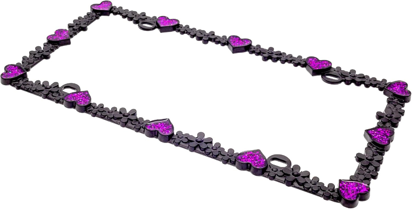 Creathome 3D Shining Daisy Heart License Plate Frame from Pure Zinc Alloy Metal Perfect Plate Holder, Matt Black with Purple Glitter, Luminously Heart