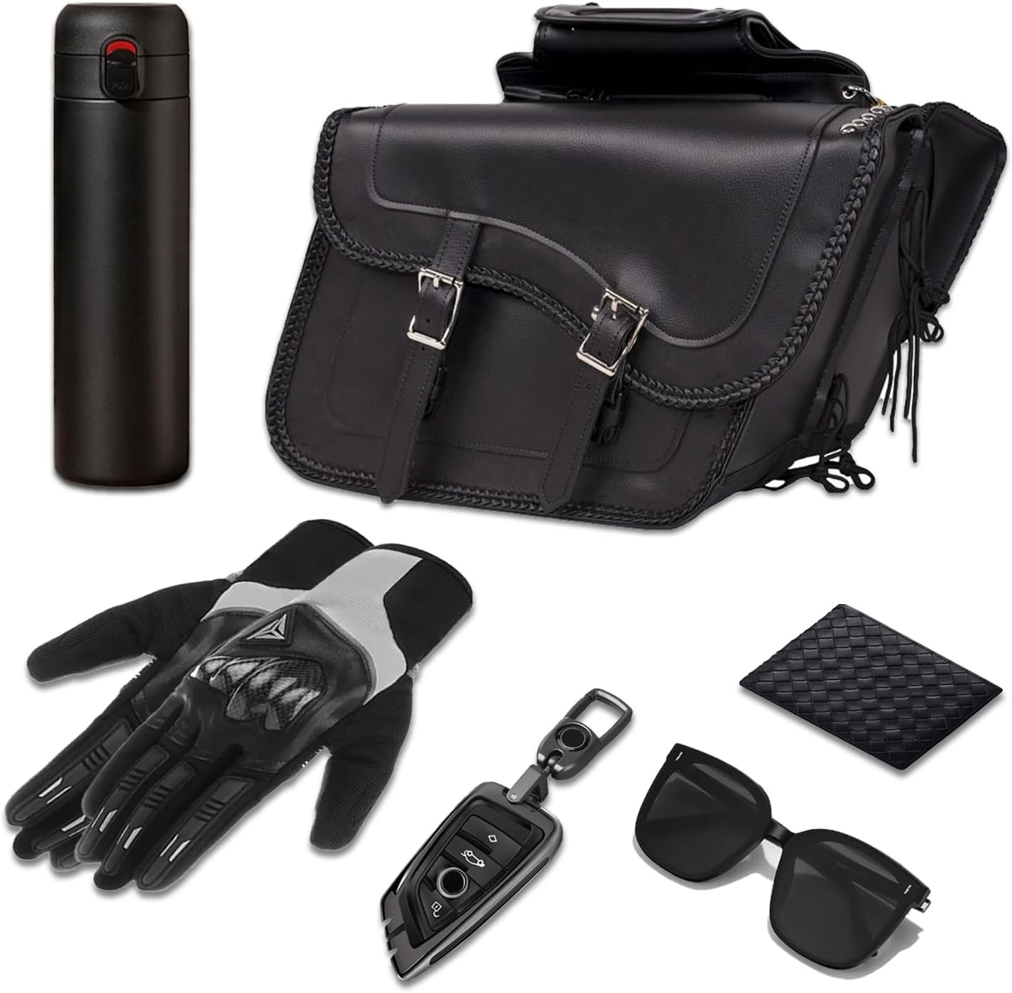 GARGOYLE BELLS Motorcycle Saddle Bags Synthetic Leather Motorcycle Luggage Bag Waterproof Throw Over Saddlebags For Softails Sportsters Choppers Dyna V-star Shadow (No Stud, Black, 16"x13"x11.5")