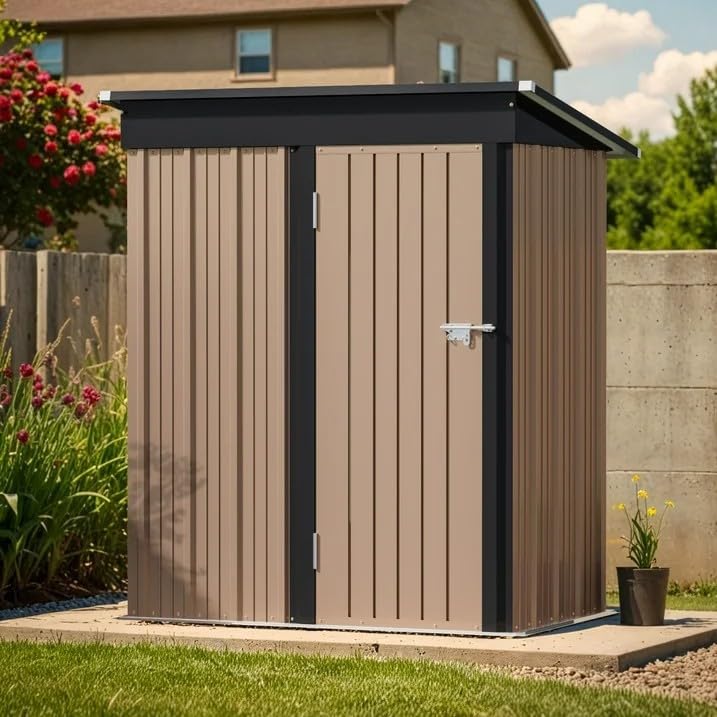 Greesum 5×3FT Outdoor Storage Shed, Metal Patio Storaged Sheds with Lockable Doors, Sheds & Outdoor Storage for Bike, Backyard, Pool and Garden, Brown
