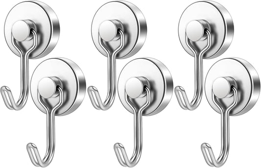FINDMAG Magnetic Hooks, 60lbs+ Magnetic Hooks for Cruise Ship Essentials, Rare Earth Magnet Hooks Heavy Duty for Hanging, Magnetic Hanger for Garage, Grill, Fridge, Toolroom, Workplace, 6 Pack, Silver