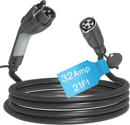 EV Charger Extension Cable, 21ft 32Amp J1772 Extension Cable Compatible with 110V-240V SAE J1772 EV Chargers, Suitable for J1772 EVs/PHEVs, Level 1/ Level 2 IP66 Car Charger Extension Cord with Bag