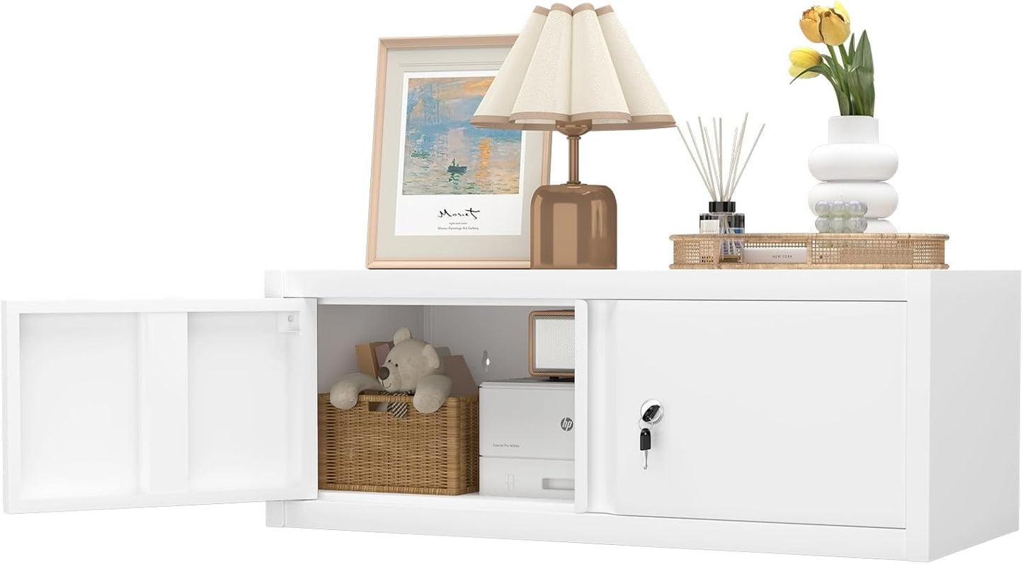 GREATMEET Locking Cabinet, Garage Storage Cabinet, Metal Wall Mounted Storage Cabinets with Doors for Garage, Hanging Floating (White, 13" H)