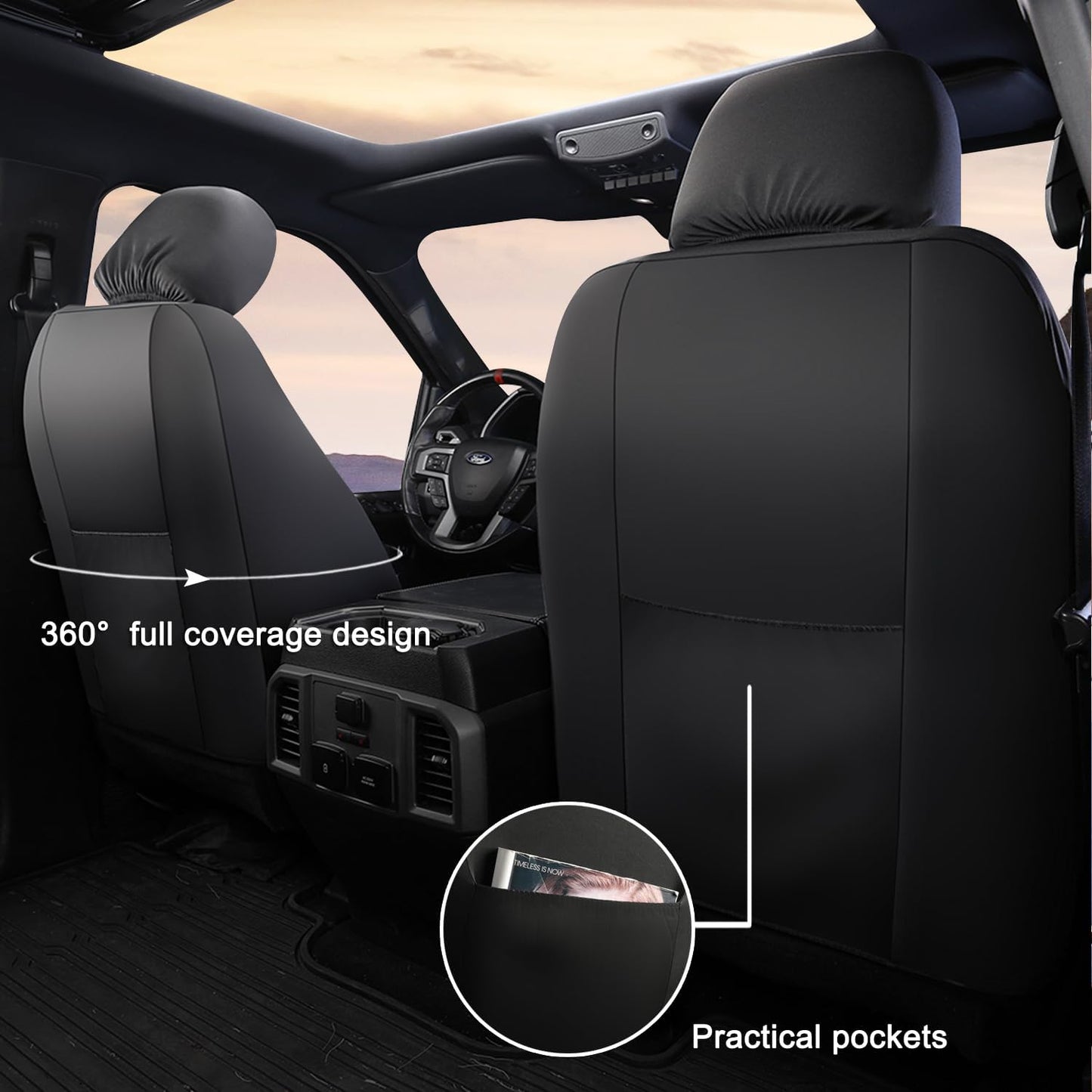 GIANT PANDA 2 Pcs Front 3D Air Mesh Car Seat Cover Custom Fit Ford F150 F250 F350 F450 SuperCrew/Crew Cab Pickup Trucks, Breathable Cooling Seat Protector with Composite Sponge Inside (Black)