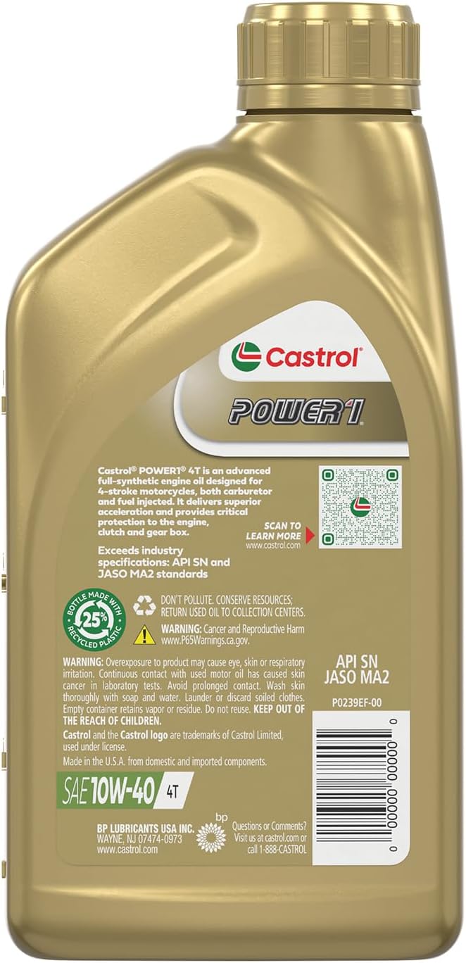 Castrol Power1 4T 10W-40 Full Synthetic Motorcycle Oil, 1 Quart, Pack of 6