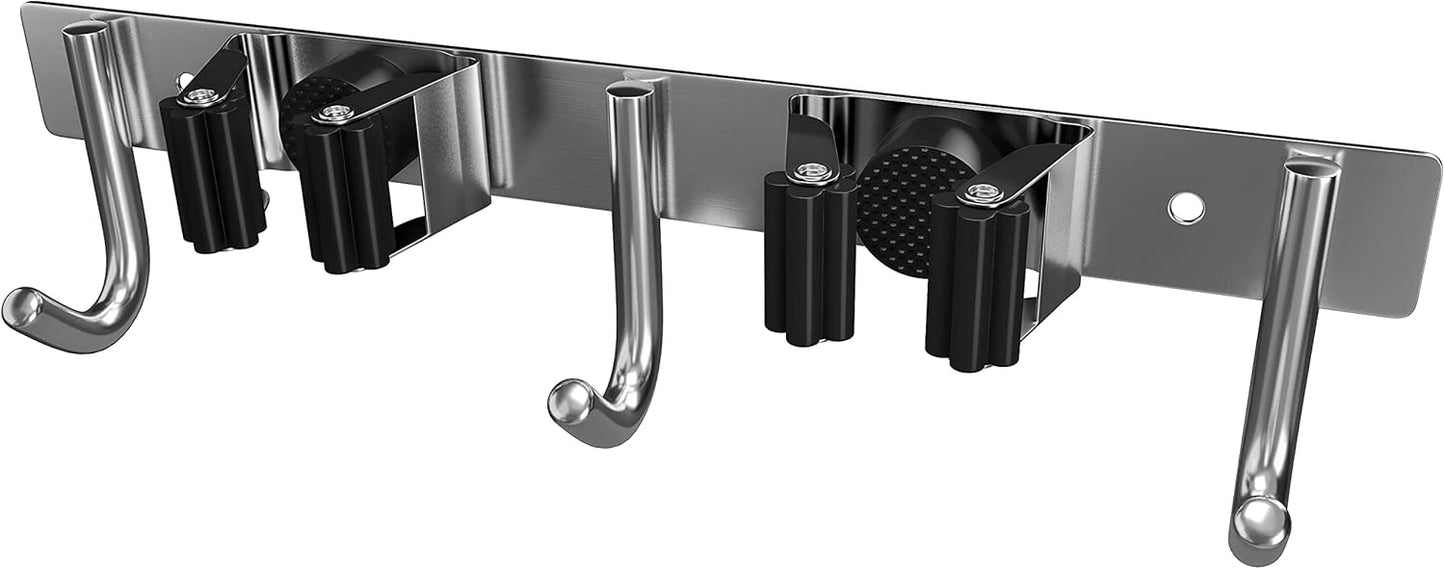 Heavy Duty Broom and Mop Holder Wall Mounted with 2 Rubber Grip Slots & 3 Utility Hooks – SUS304 Stainless Steel, Waterproof, Self Adhesive or Drill Mount, for Garage, Laundry, Kitchen & Closet Use