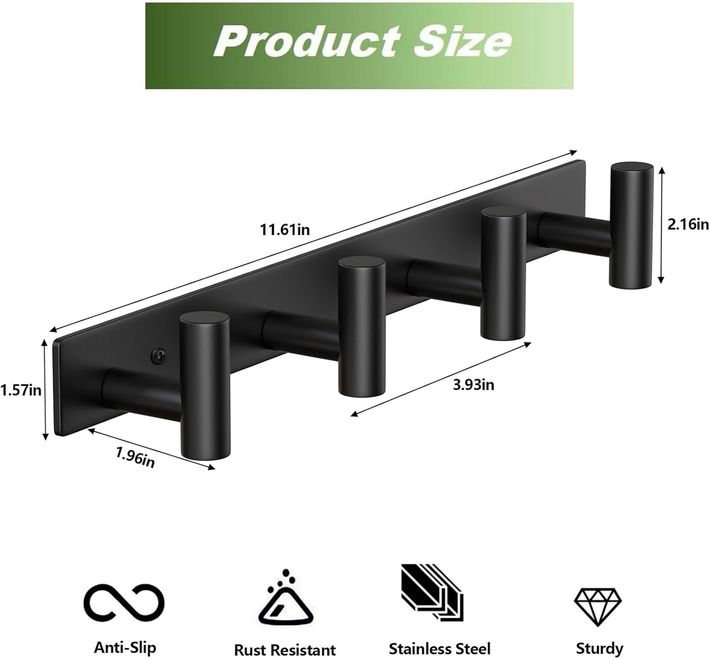 Coat Rack Wall Mounted with 4 Hooks, Wall Hooks for Hanging Towel Coat Hat Bag, Heavy Duty, Metal Hat Rack Coat Hanger Towel Hooks Coat Hooks for Entryway Bathroom Kitchen (Black, 2 Packs)