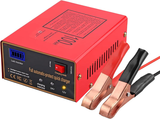 12/24V Battery Charger 10A/7.5A Smart Adjustable Car Battery Charger with Upgraded Cable Clamps, Smart Trickle Charger,Battery Maintainer for Car RV (red)