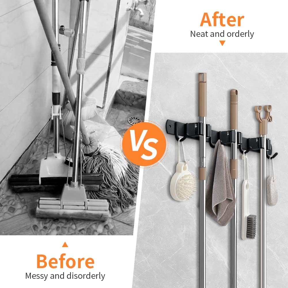 Broom Hanger and Mop Holder, Heavy Duty Garden Tool Organizer Rack Rake and Shovel Handle, Stainless Steel Wall Mounted Utility Rack with Screws (5 Racks with 4 Hooks, Matte Black).